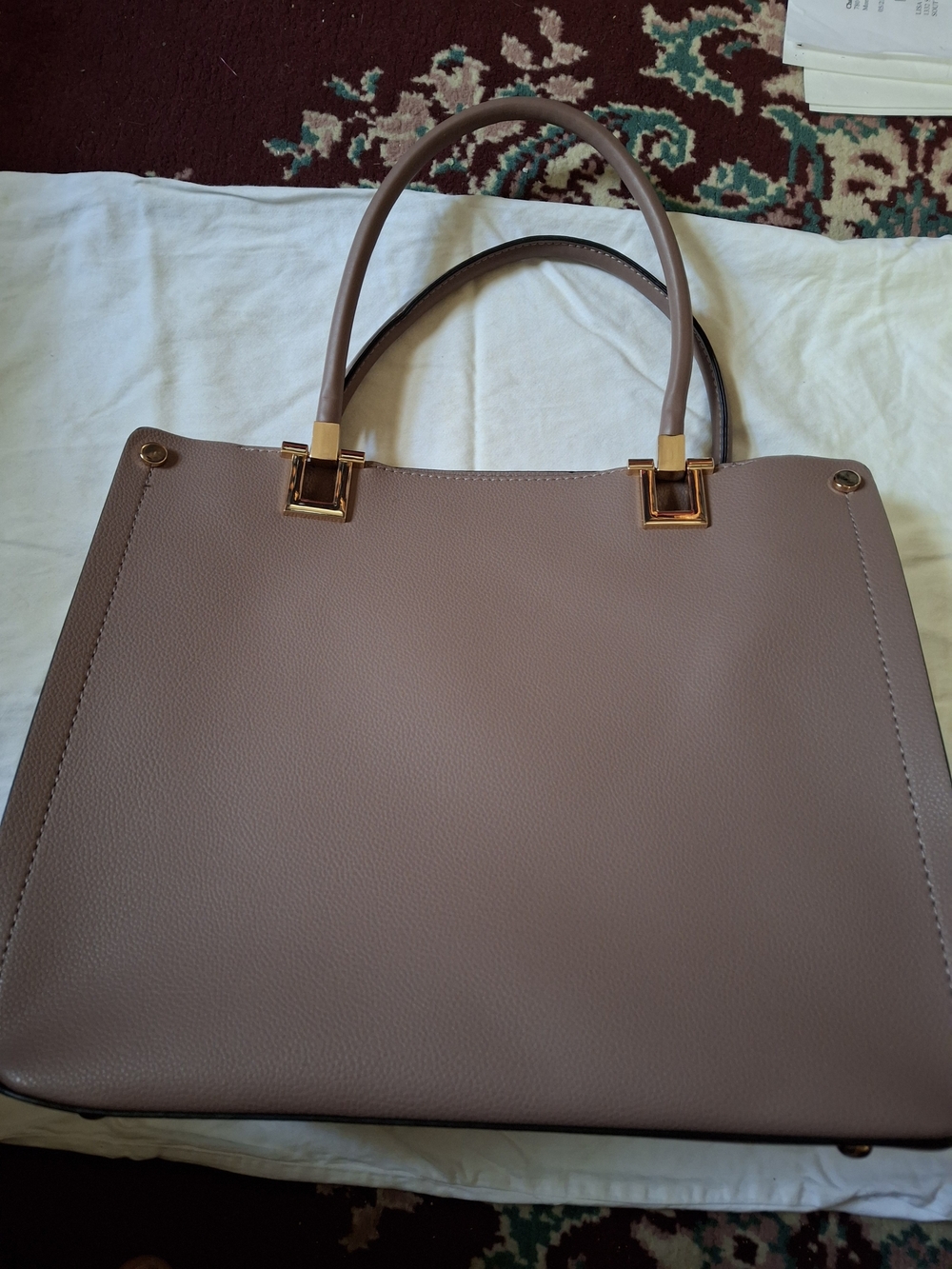 Structured Pebbled Leather Tote in Taupe with Gold Hardware